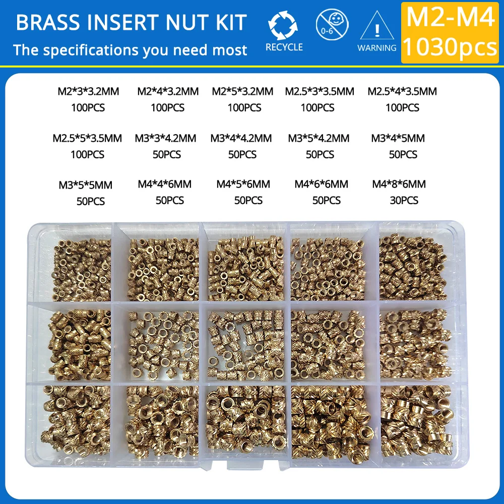 M2 M2.5 M3 M4 M5 M6 Threaded Inserts Brass Heat Set Insert Nut Hot Melt Knurled Double Twill Embedment Copper Nut Assortment Kit