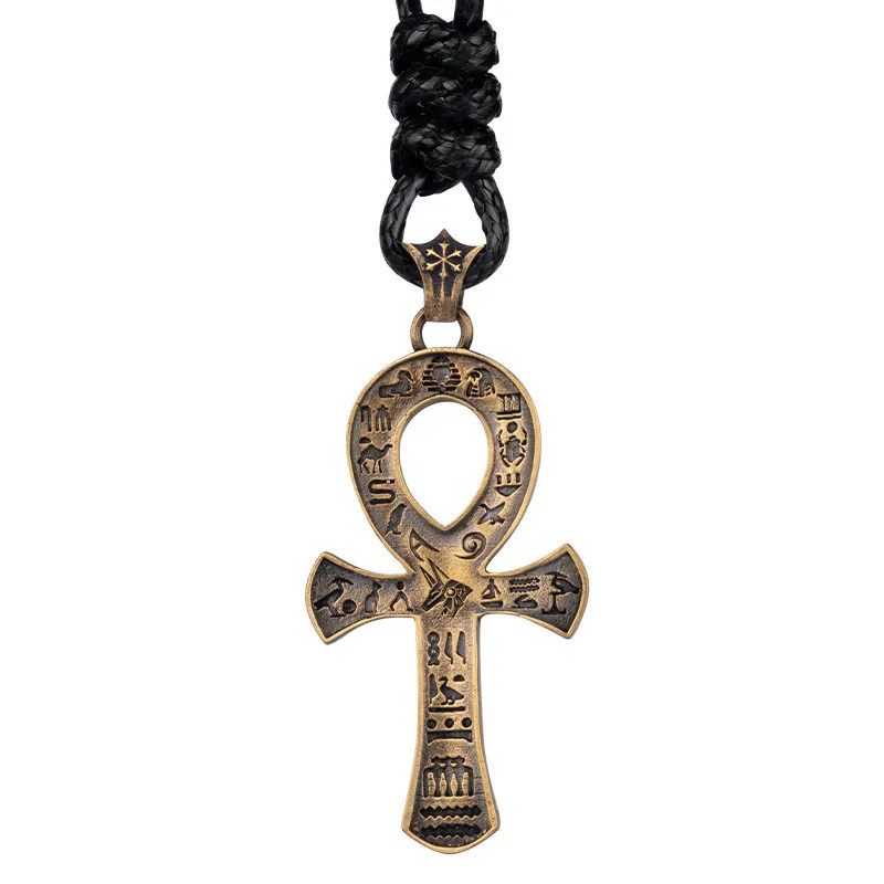 Ancient Egyptian Pharaoh Life Anka Cross Stainless Steel Necklace Anubis Totem Pendant Men\\\'s Amulet Jewelry Leather Rope Chain
