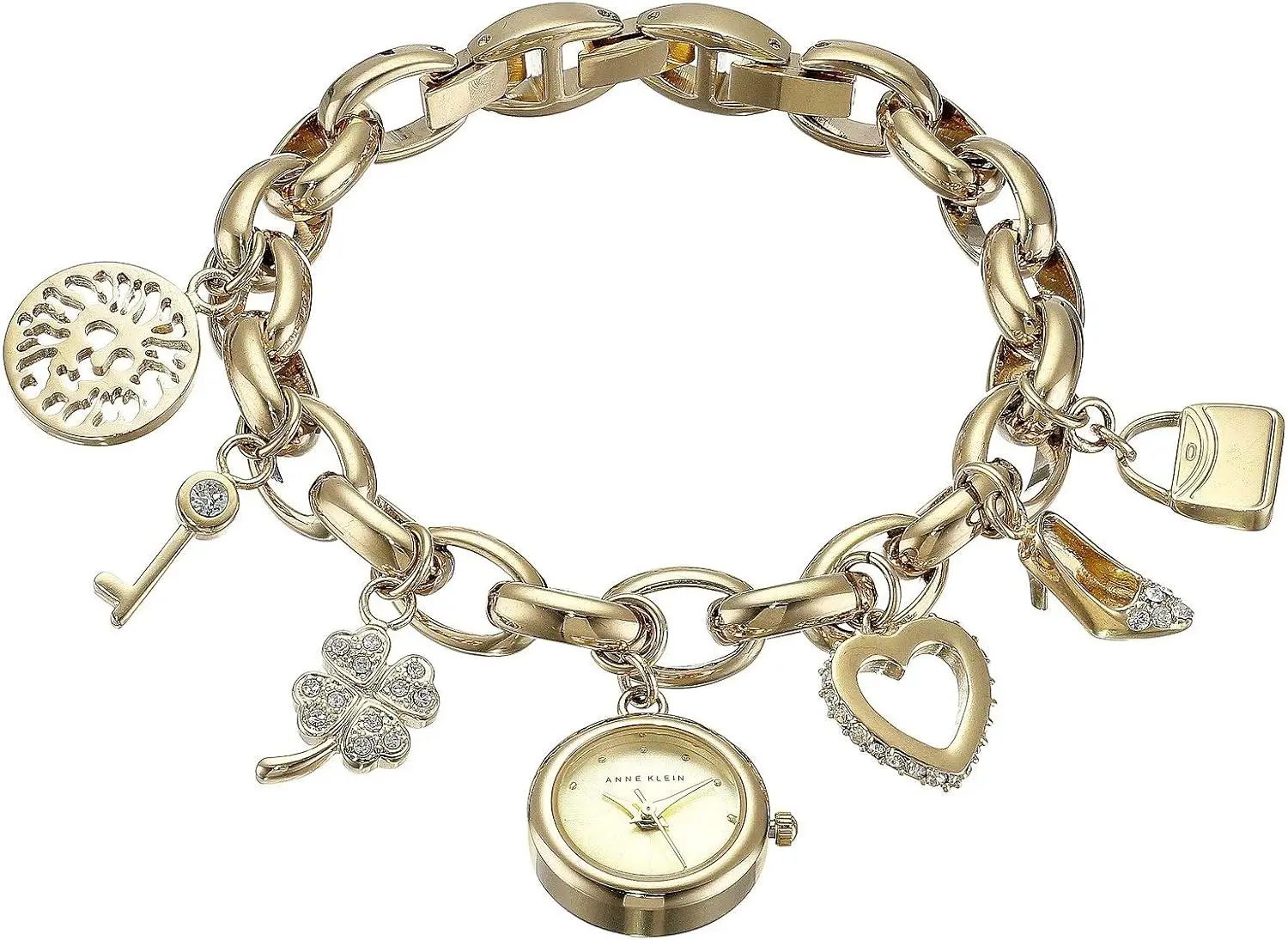 

Women's Elegant Crystal-Embellished Gold-Tone Charm Bracelet Watch with Adjustable Band