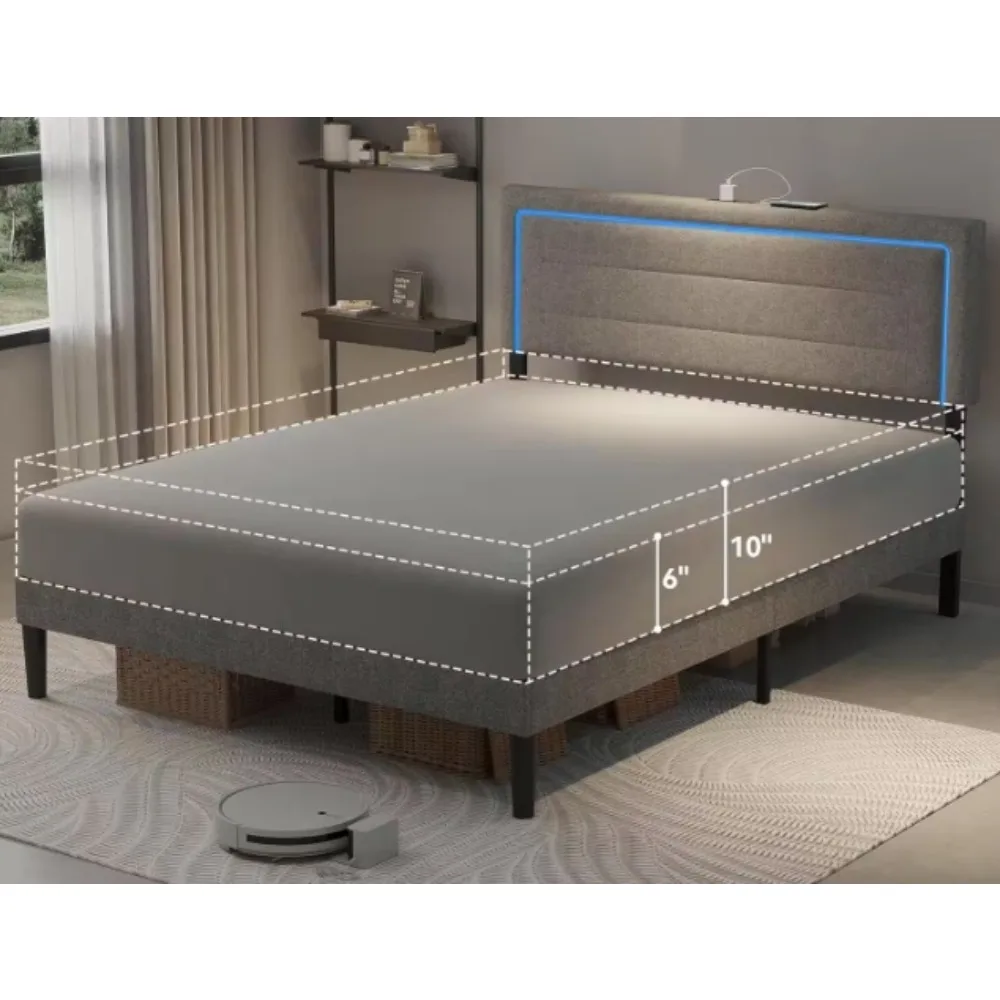 Gray Metal Frame Queen Platform Bed with LED Lights, Charging Station, No Box Spring Needed, Noise Free, Easy Assembly