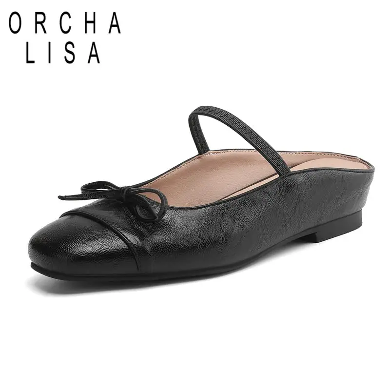 

ORCHA LISA Silver Women Sandals Round Toe Slip On Mules Flats Butterfly Knot Large Size 41 42 43 Soft Sweet Daily Shoes Footwear