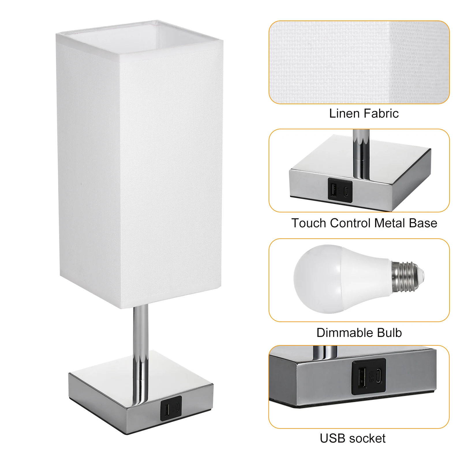2 حزم من القماش مصباح طاولة بجانب السرير منضدة مع لمبة LED بيضاء دافئة مكتب ضوء التحكم باللمس USB A نوع C منافذ شحن #2