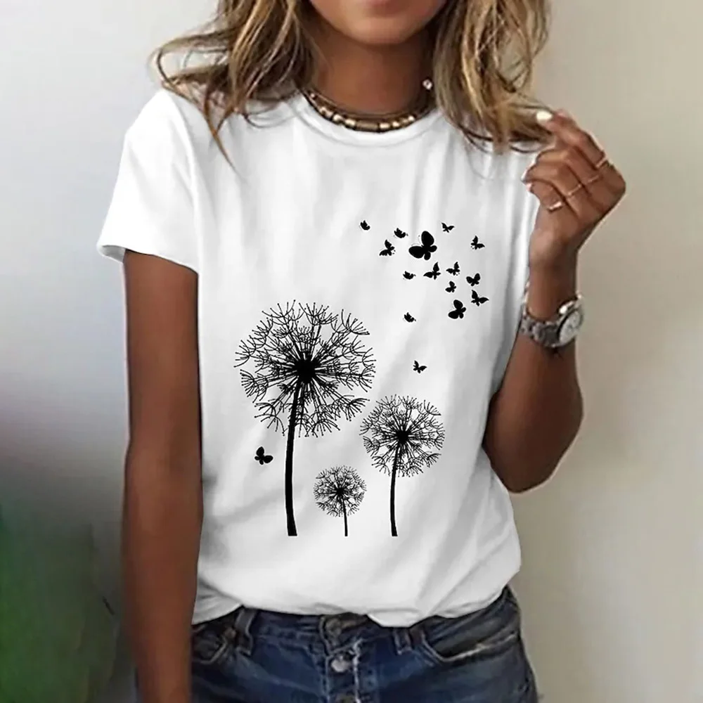 Dandelion 3d Print T-Shirt Harajuku Flower Pattarn Casual Short Sleeve Women's T-Shirts Top Tee O Neck Oversized Female Clothing