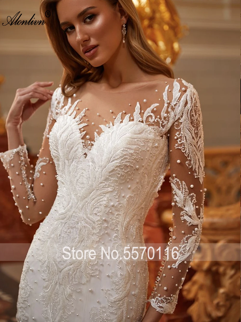 Alonlivn nuevo 2 en 1 vestido de novia de sirena apliques bordados rebordear perlas encaje con cuello en V trompeta vestidos de novia