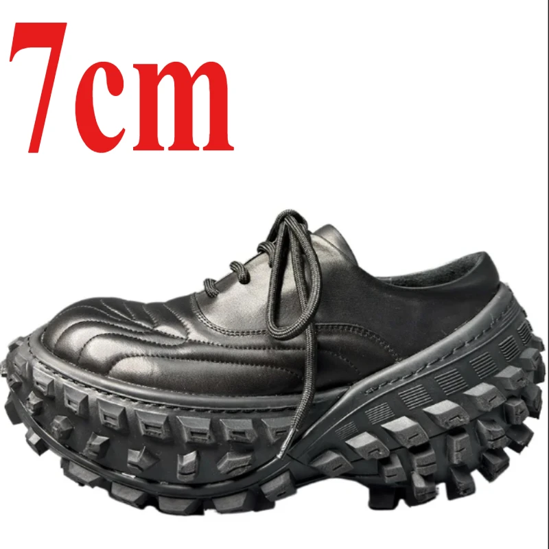 Europe/American Genuine Leather Street Designer Thick Bottom Black Tire Tank Shoes for Men's Comfortable Height Increasing Shoes