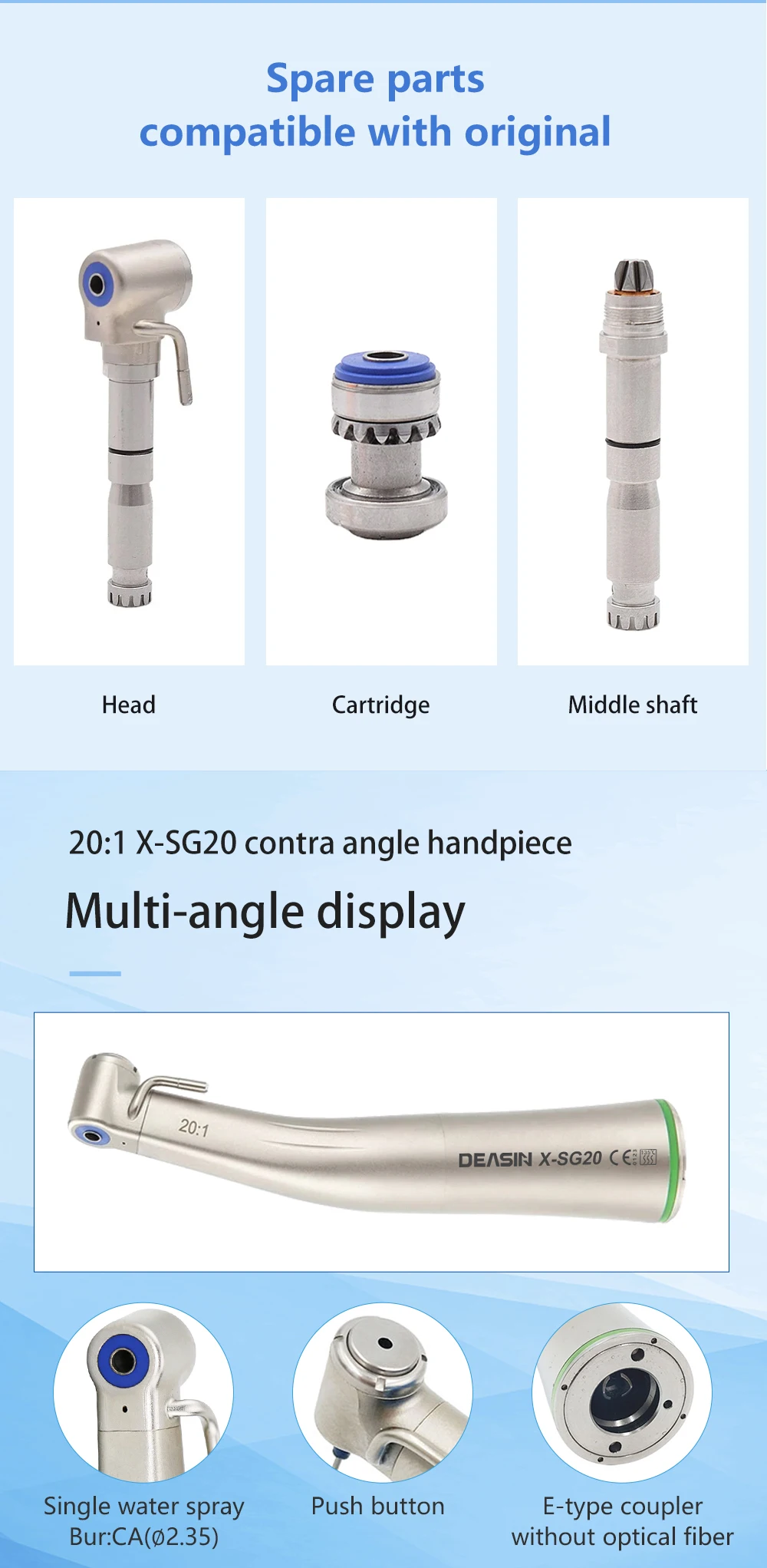 Contra Angle 1:1 1:5 20:1 1:4.2 Dental Handpiece Fiber Optic Low Speed High Speed X95L Style Dental Implant Equipment