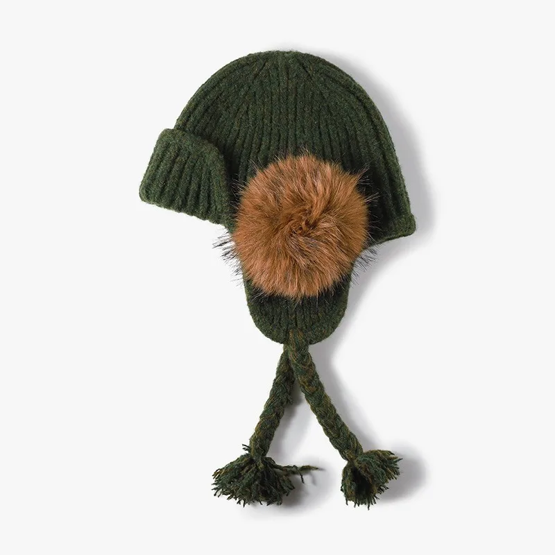 Neue Outdoor-Pompom-Ohrenschutz-Fliegermützen für Männer und Frauen, Winter-Wollmischung, geflochtene, schnürbare, warme Quasten-Strickmütze – Detail 4