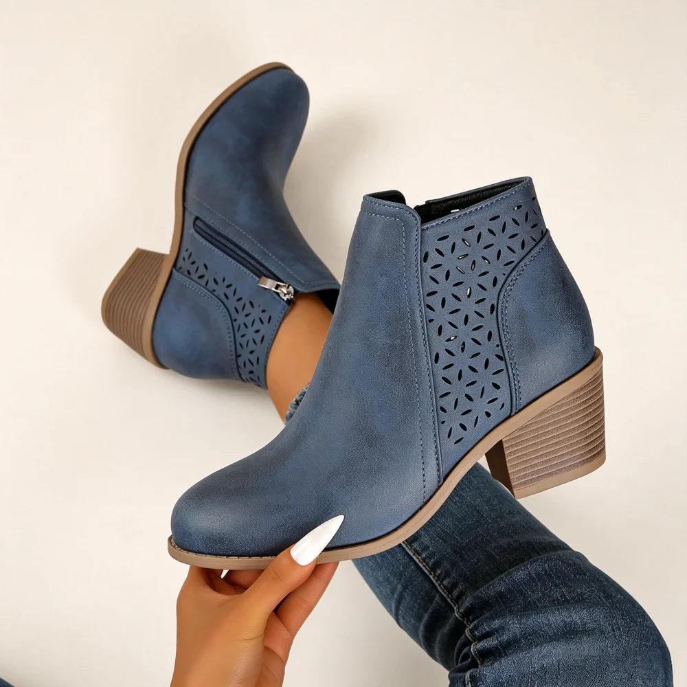 Damen-Stiefeletten mit Aussparungen, Retro-Stil, klobiger Blockabsatz, kurze Stiefel, seitlicher Reißverschluss, bequeme Leder-Chelsea-Stiefeletten, Herbstschuhe