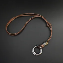 Boho Vintage Men Necklace Adjustable Genuine Leather Cord Necklace Double Circle Pendant Long Necklace Gift Handmade Jewelry