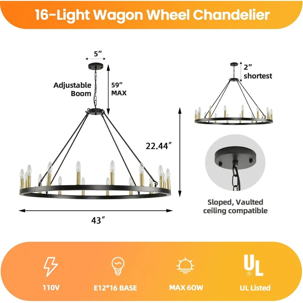 16-Light Wagon Wheel Chandelier Farmhouse, 43" Extra Large Chandeliers for High Ceilings, Round Chandeliers for Dinning Room