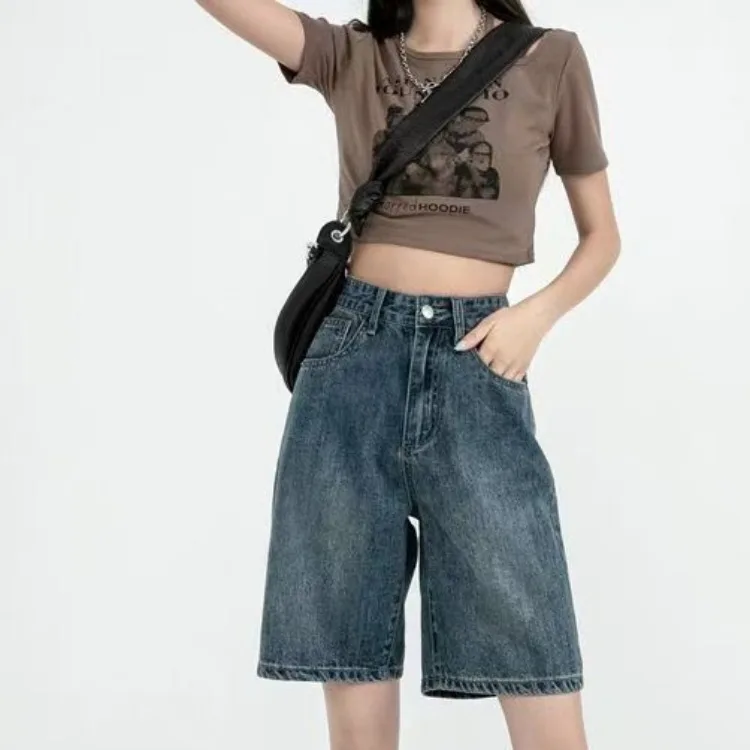 Retro Denim Shorts for Women Summer 2024 High Waist Five-point Pants Loose Straight A-line Half  Korean Style Clothing