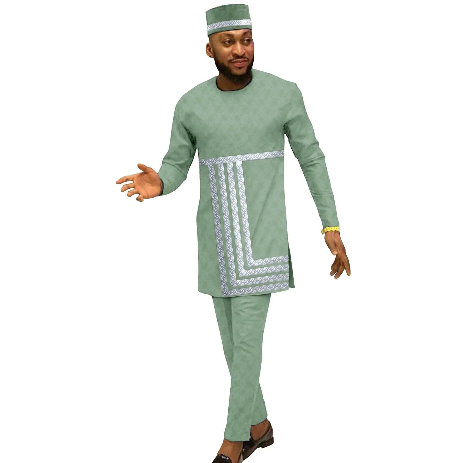 

African Clothing for Men Full Sleeve Ribbon Coats Ankara Pants and Tribal Hat 3 Piece Set Traditional Outfits Plus Size