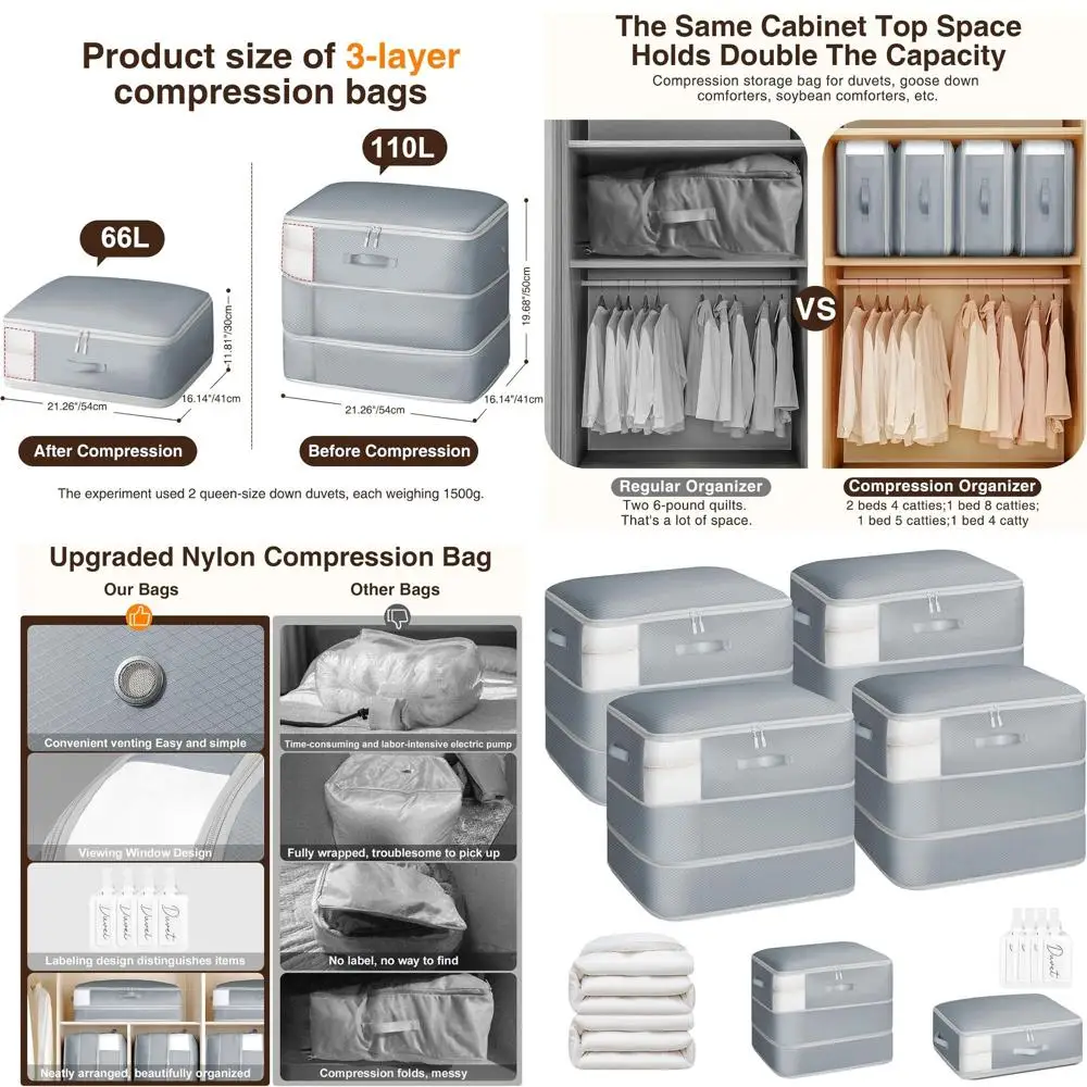 

Моющиеся 3-слойные компрессионные мешки большой емкости 110 л для одеял, свитеров, простыней — компактные органайзеры, светло-серые