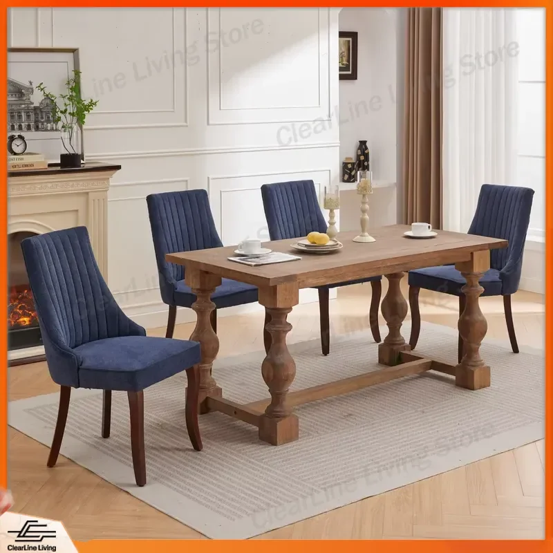 2pcs French Neoclassical Dining Chairs Flocked Linen Fabric Upholstered Solid Wood Legs Luxury Restaurant Home Kitchen
