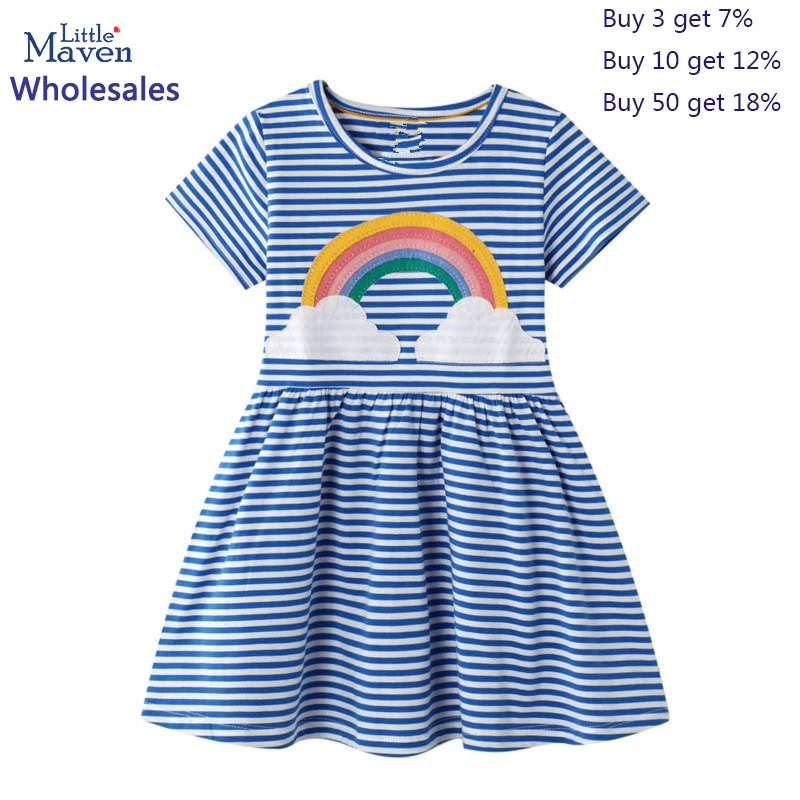 Little maven Wholesale 2024 Baby Girls Summer Cartoon Rainbow Casual Dress Cotton Clothes for Kids Children's Clothing 2-7 years