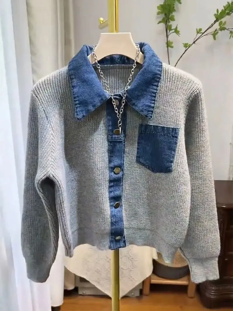 Giacca cardigan corta chic da donna Designer con collo a polo Denim Patchwork Jumper Giacca primavera autunno Y2k Harajuku Top corti Nuovo