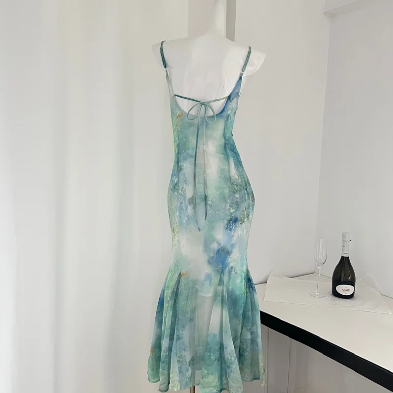 Tie-dyed Green Women's Clothing Dress Long Dresses Sweet Fashion Summer Dresses 2024 French Vest Fishtail Skirt High Waist Dress