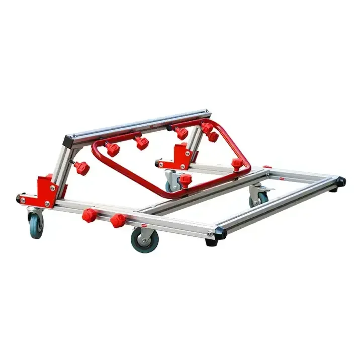 

Large tile handling tool with foldable trolley for transporting large glass, can be used in conjunction with a flatbed elevator