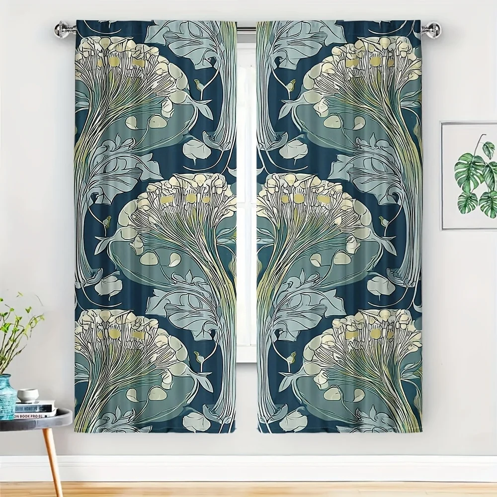 2pcs Art Nouveau Floral Curtains No Rod — Deep Indigo & Cream Botanical Motifs, Light-Filtering for All-Season Living & Bedroom