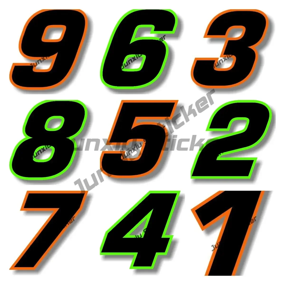 Race Numbers 123456789 Square Font Black Green with Orange Border Graphic Decal for Motocross Racing Laptop Helmet Accessories