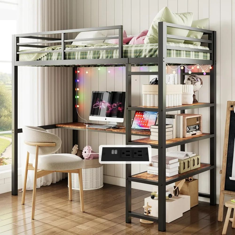 Bunk Beds.Loft Bed Twin Size with L Shaped Desk and Shelves, Heavy Duty Metal Loft Bed Frame with Power Outlet and LED Lighted