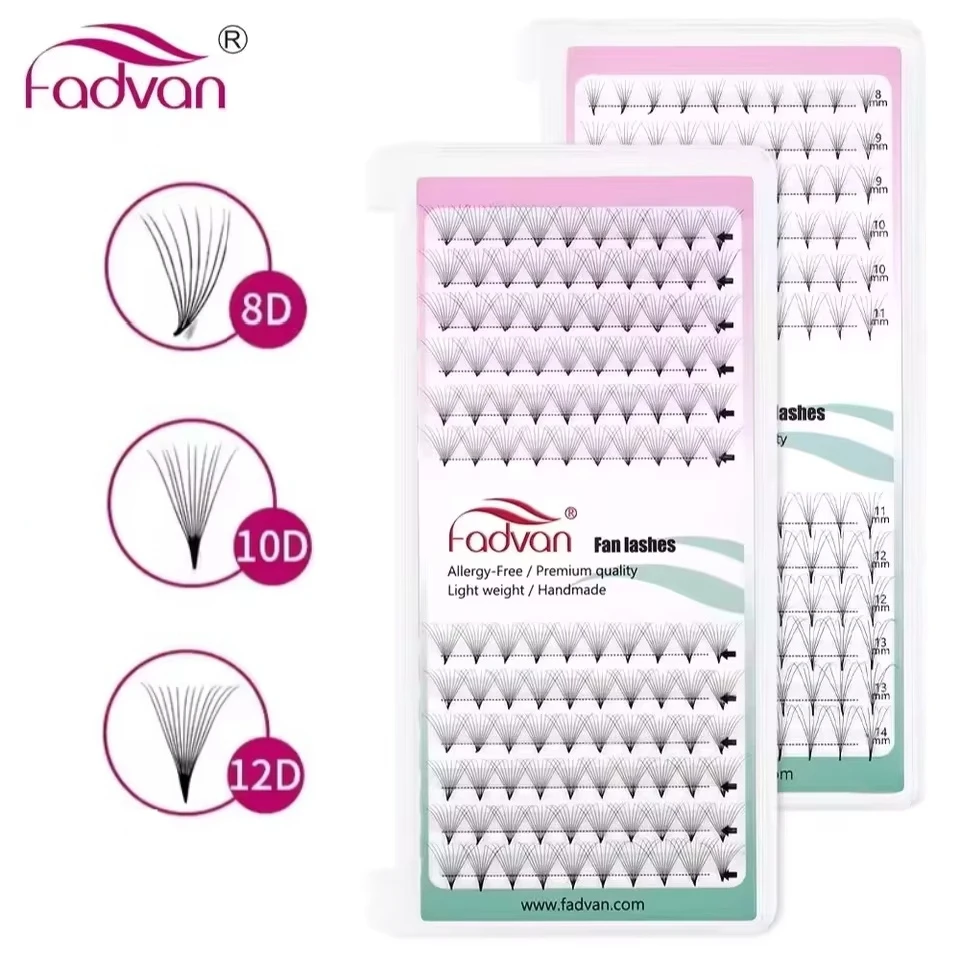 FADVAN Vorgefertigte Fächer 8D/10D/12D D Curl Wimpernverlängerung, natürliches, weiches russisches Volumen, individuelles Make-up, falsche Wimpern