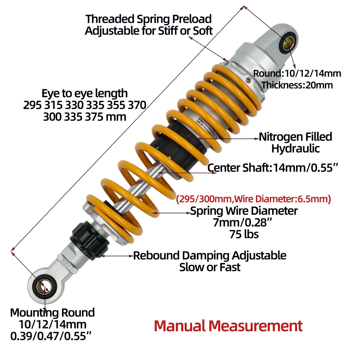 

Variety Size Extended 10mm rear shocks for Yamaha GT150/Longjia XDV 250/300/Honda NS150LA/CGX150/CG125/CM125/GN125/ AE4/AE5i/AE8
