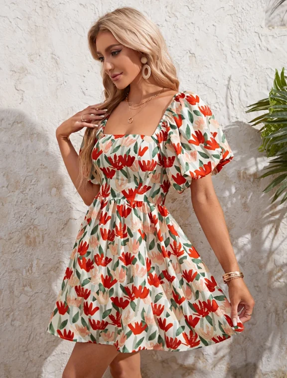 

Summer New Arrival Cute Spotted Print Girls Dress Spunky Floral Print Mini Dress for Young Girls