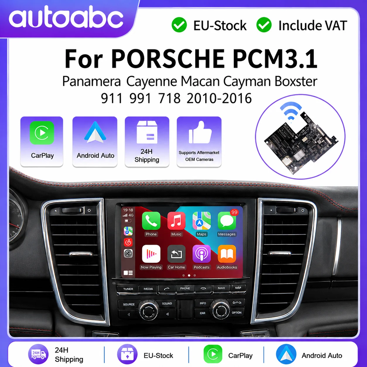CarPlay Wireless per Porsche PCM 3.1 Panamera, Cayenne, Macan, Cayman, Boxster, 911, 991, 718 – Modulo Android Auto con Telecamera Posteriore, MirrorLink, Bluetooth e GPS