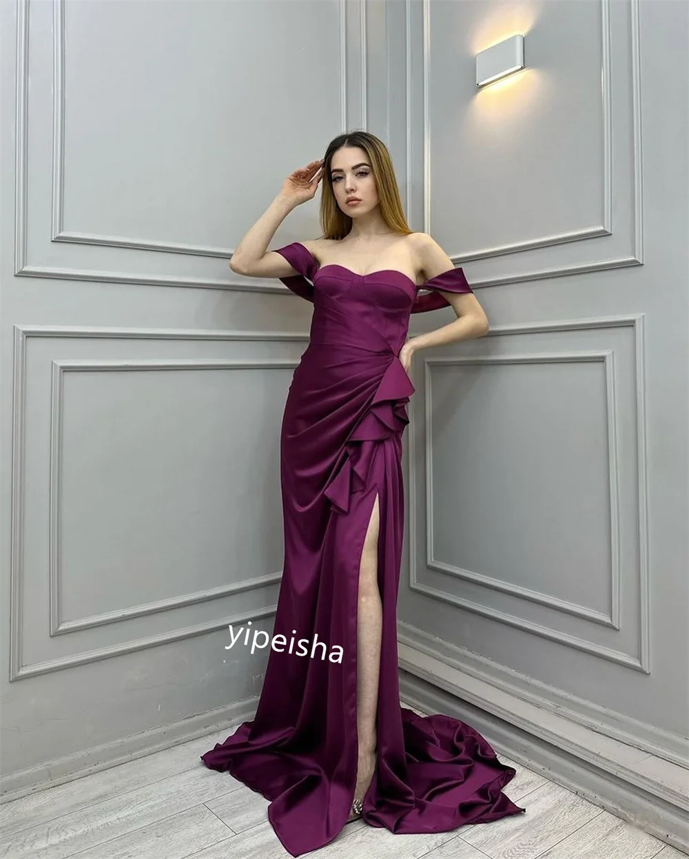 Customized    Satin Pleat Cocktail Party A-line Off-the-shoulder Bespoke Occasion Gown Long es Saudi Arabia  Dresses 