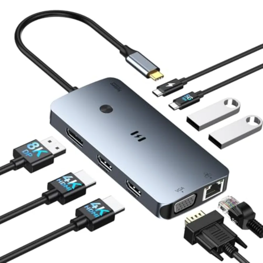 

USB C Docking Station Dual Monitor Adapter Selore Laptop Docking Station 3 Monitors Quad Display with 2 DP VGA Ethernet 3 USB A