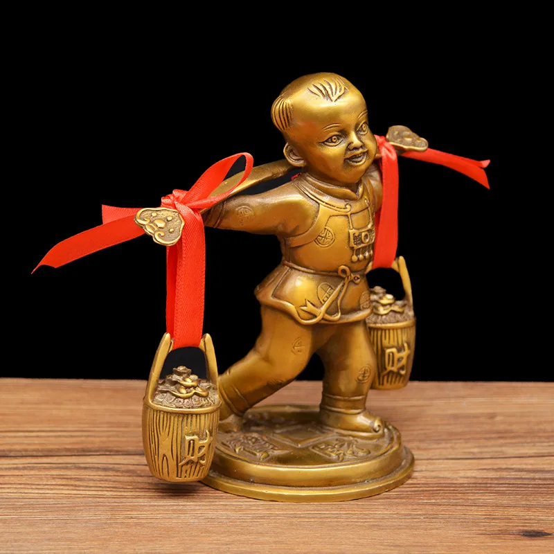 Brass A child carrying a load on his shoulders Caitong Child Bronze Craft Ornament