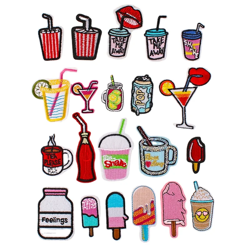 100pcs/Lot Embroidery Patch Popsicle Drink Milk Cocktail Ice Cream Cola Coffee Shirt Bag Clothing Decoration Craft Diy Applique