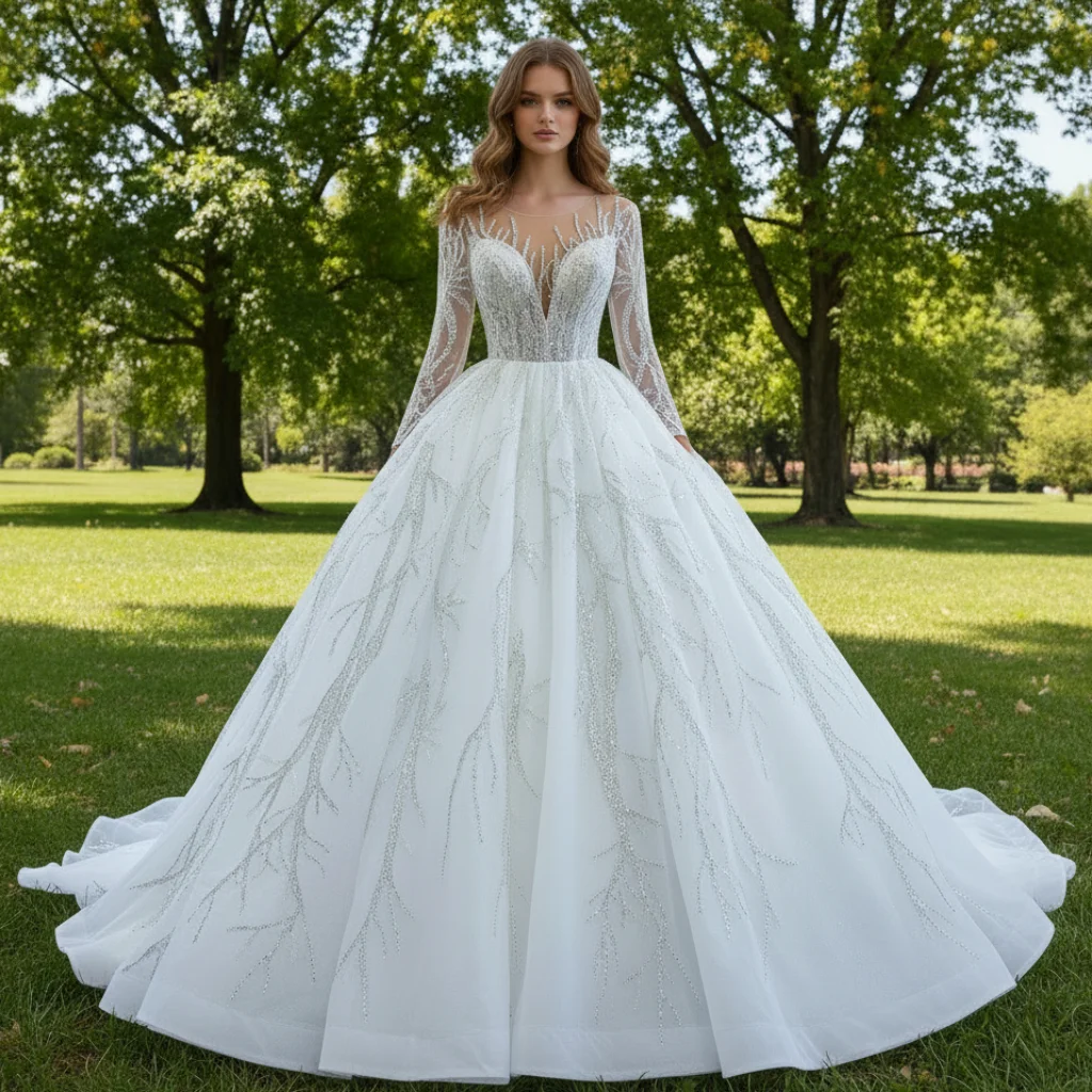 Rosymae Beaded Sparkly Arabric Wedding Dress Long Sleeve Ball Gown Elegant Bridal Gown فستان الزفاف