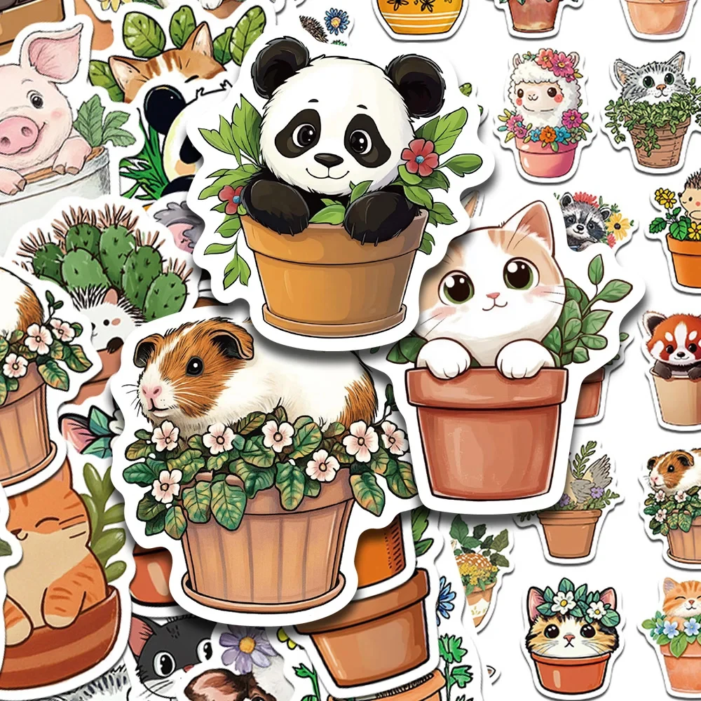 10/30/50pcs Kawaii Cartoon Flower Pot Animal Stickers Cute Rabbit Panda Cat Graffiti Decals Scrapbook Laptop Phone Sticker Toys