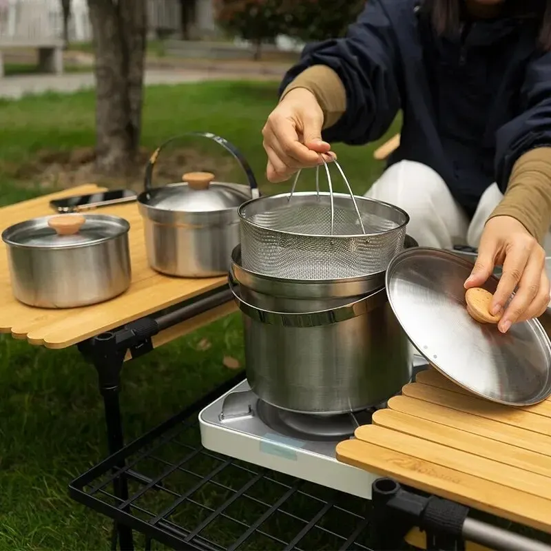 A Style Outdoor Stainless Steel 5pcs Camping Tourism Family 5L Portable Picnic Soup Frying Steaming Household