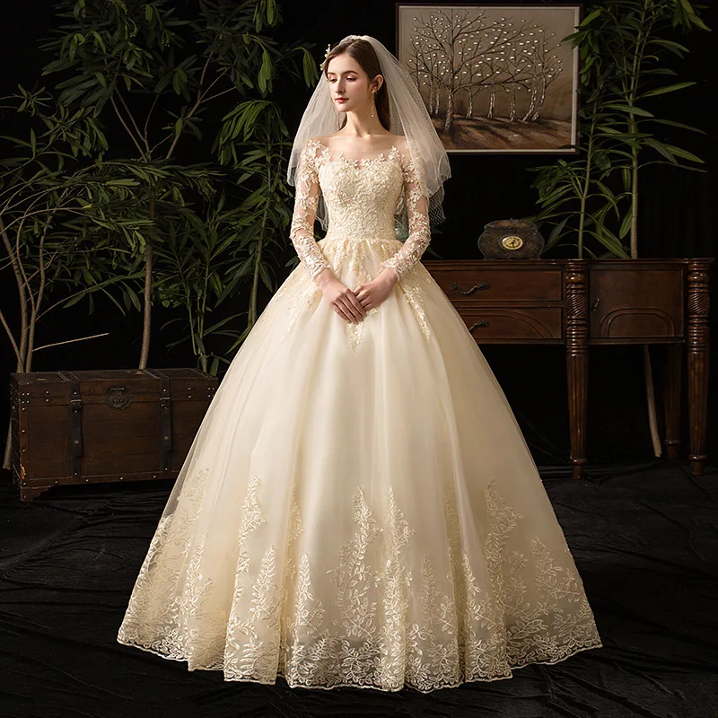 

It's Yiiya Champagne Wedding Dress Embroidery O-neck Full Sleeves Lace up Princess Floor-length Plus size Bride Ball Gown FH065