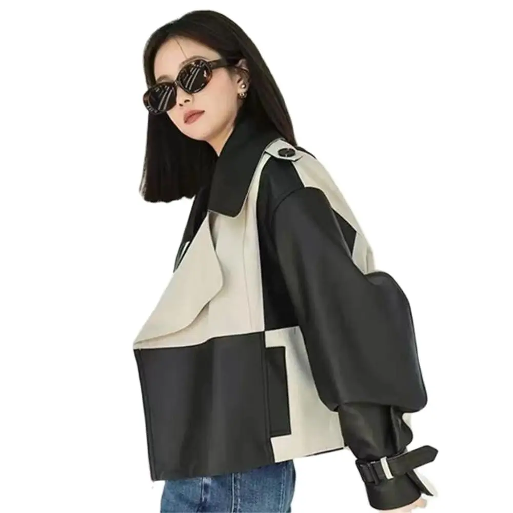 Pu Outerwear Black White Check Splice Leather Jacket Women\'S Coat Tops 2024 New Spring Autumn Korean Casual Pu Coats Street