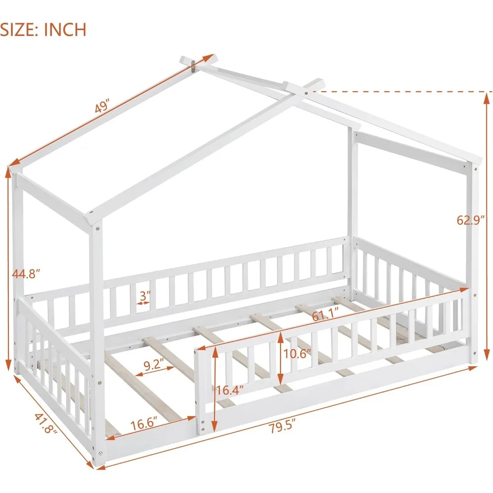 Twin Size Montessori-Bodenbett, Hausbettgestell aus Holz, Hausbodenbett für Kinder, Montessori-Bodenbett mit Zaun