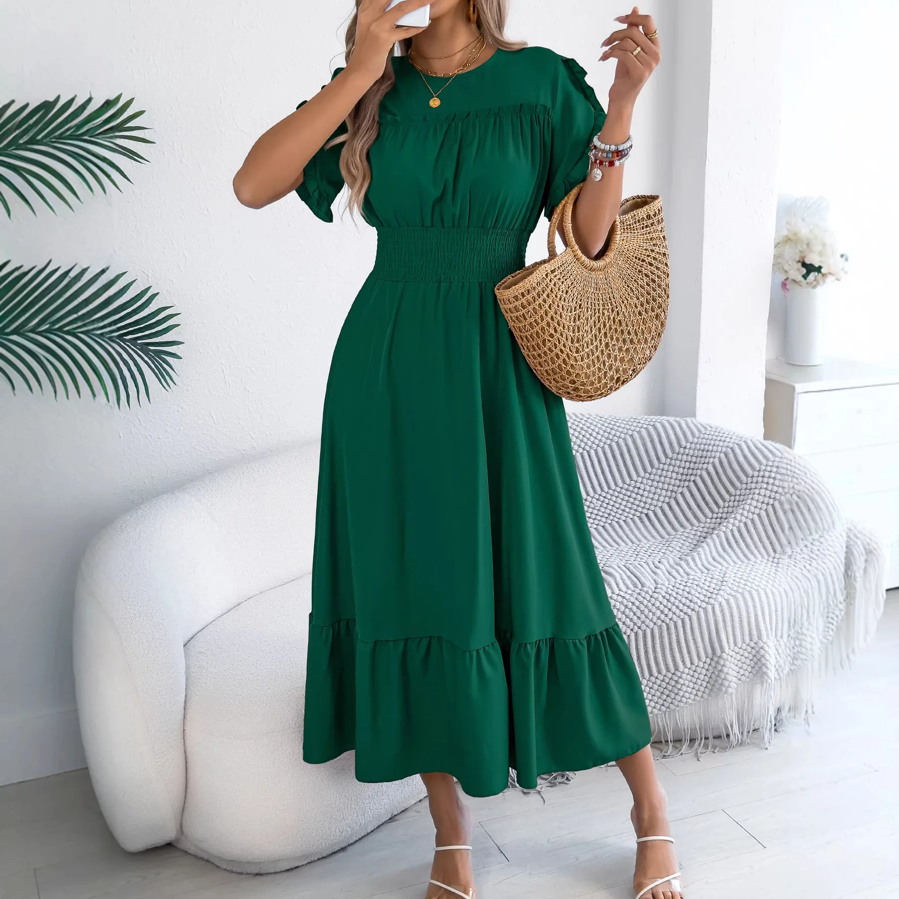 

Women Dress Streetwear 2026 Summer Short Sleeved Waist Cinched Long Dress for Women's Clothing