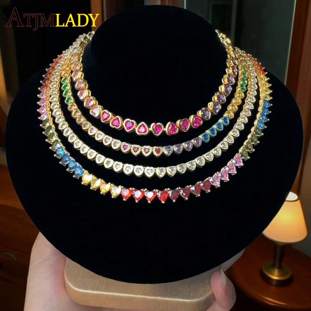Cadena de tenis CZ redonda en forma de corazón, collar colorido de arcoíris, Gargantilla de moda Hip Hop de Color dorado de alta calidad para mujer, joyería