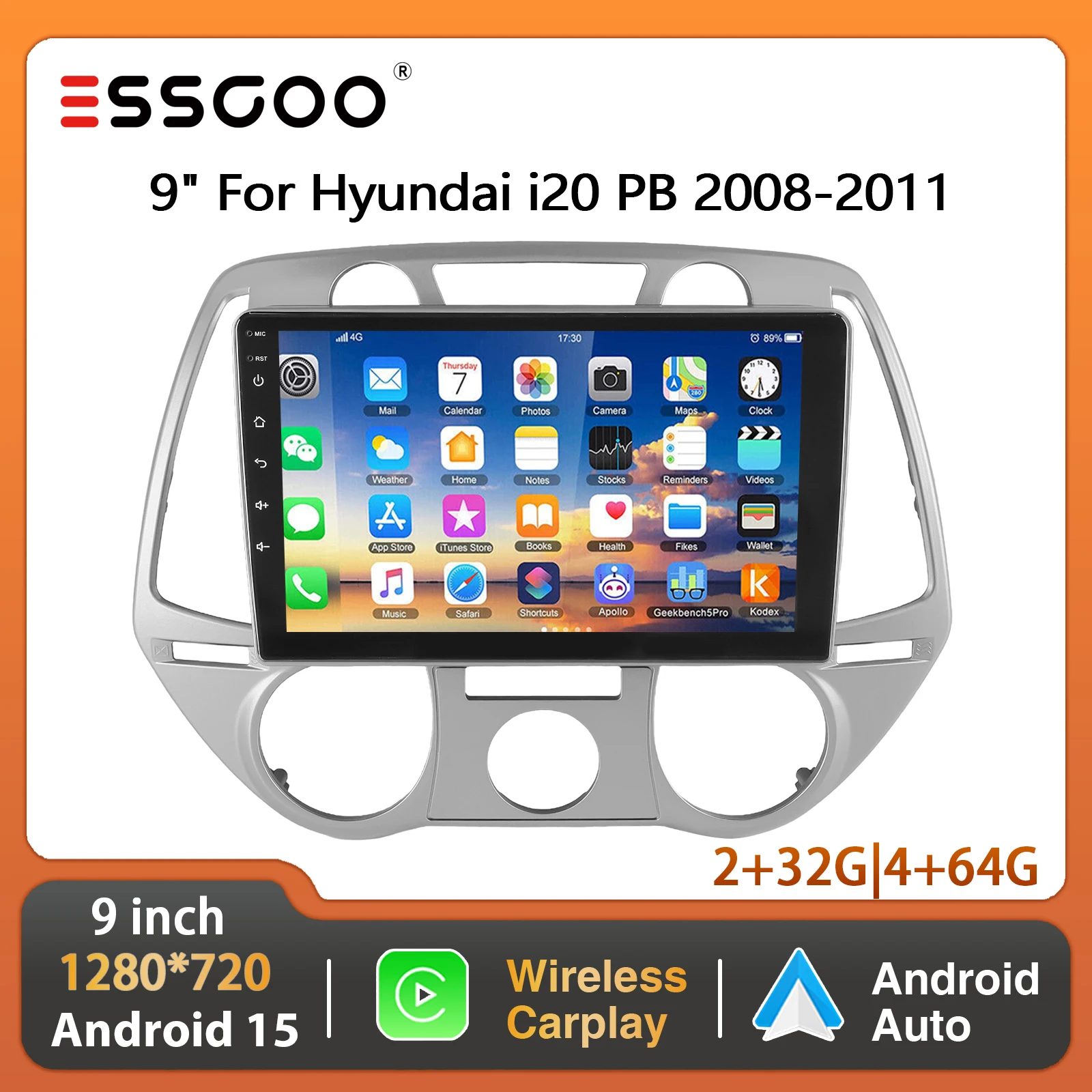 ESSGOO Android 15 4+64G für Hyundai i20 PB 2008-2012 9” Auto-Stereoanlage Radio Wireless Carplay Android Auto GPS-Navigation BT SWC RDS FM ASP Mirror Link Multimedia-Video-Player IPS