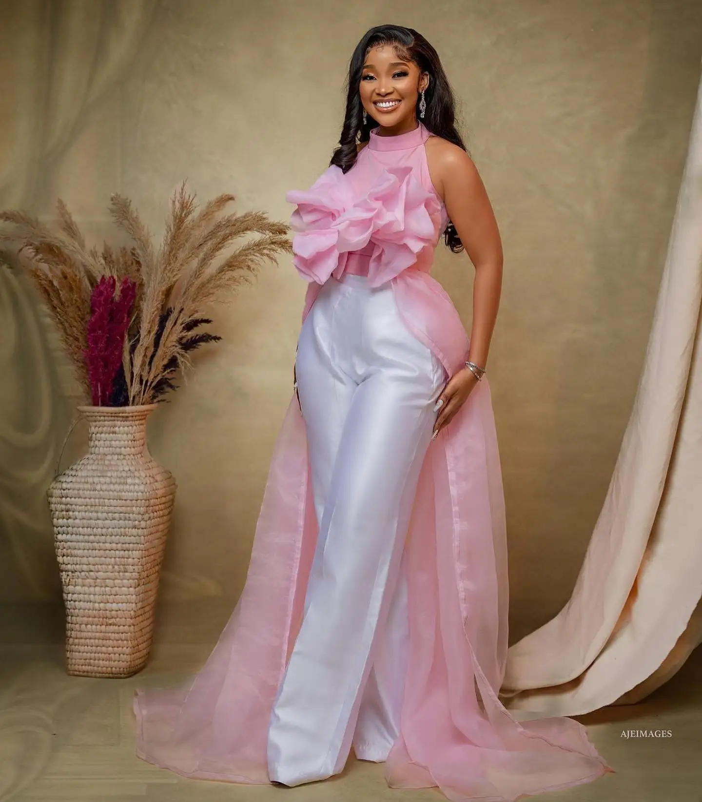 Nigerian Stylished Women Sets Aso Ebi African Evening Dresses Pink Bow Top And Long  Stretchy Loose Pant Female Maxi Dresses