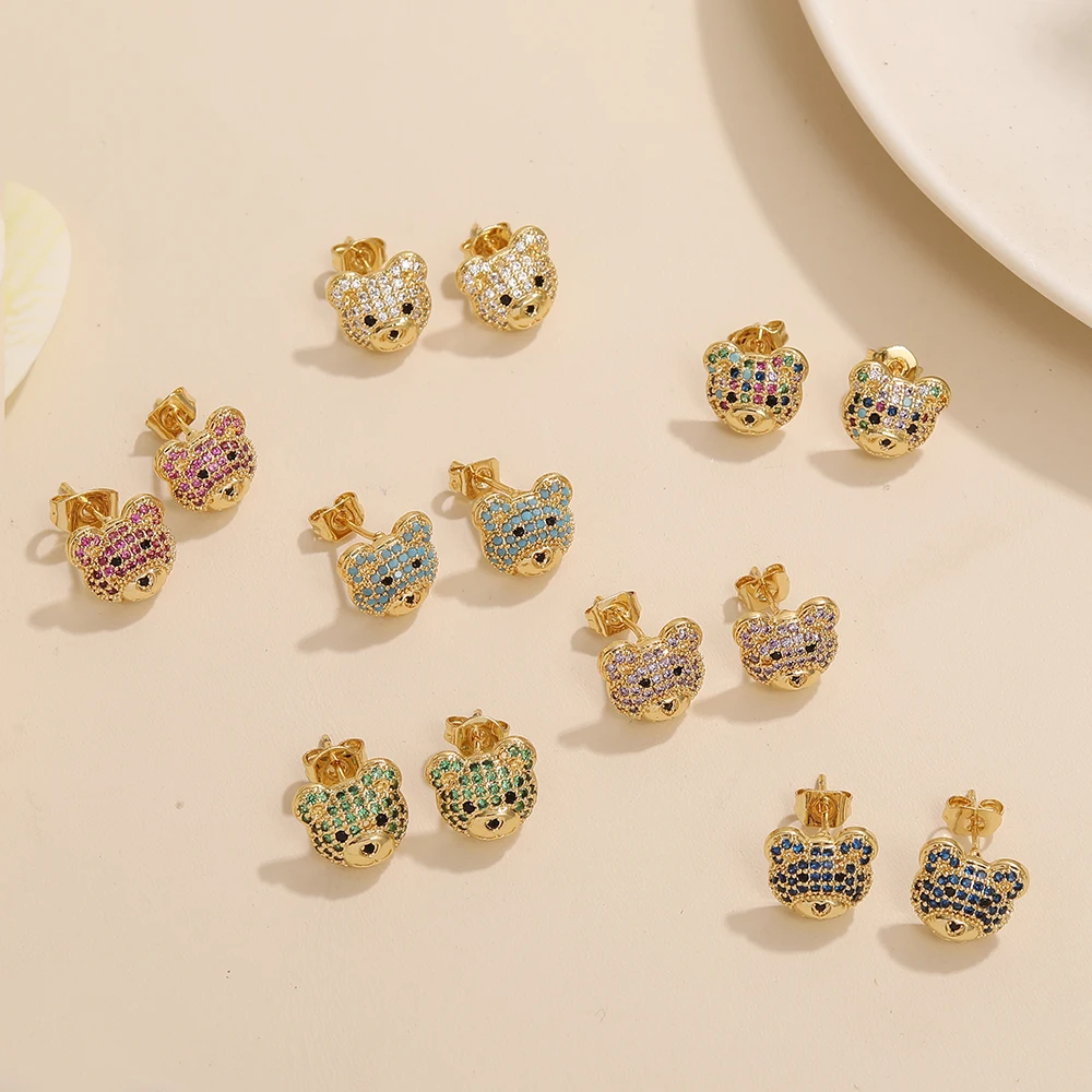 

BenS Cute gummy bear stud earrings for women Brass cubic zirconia small hoop earrings gold plated bear head earrings Jewelry E83
