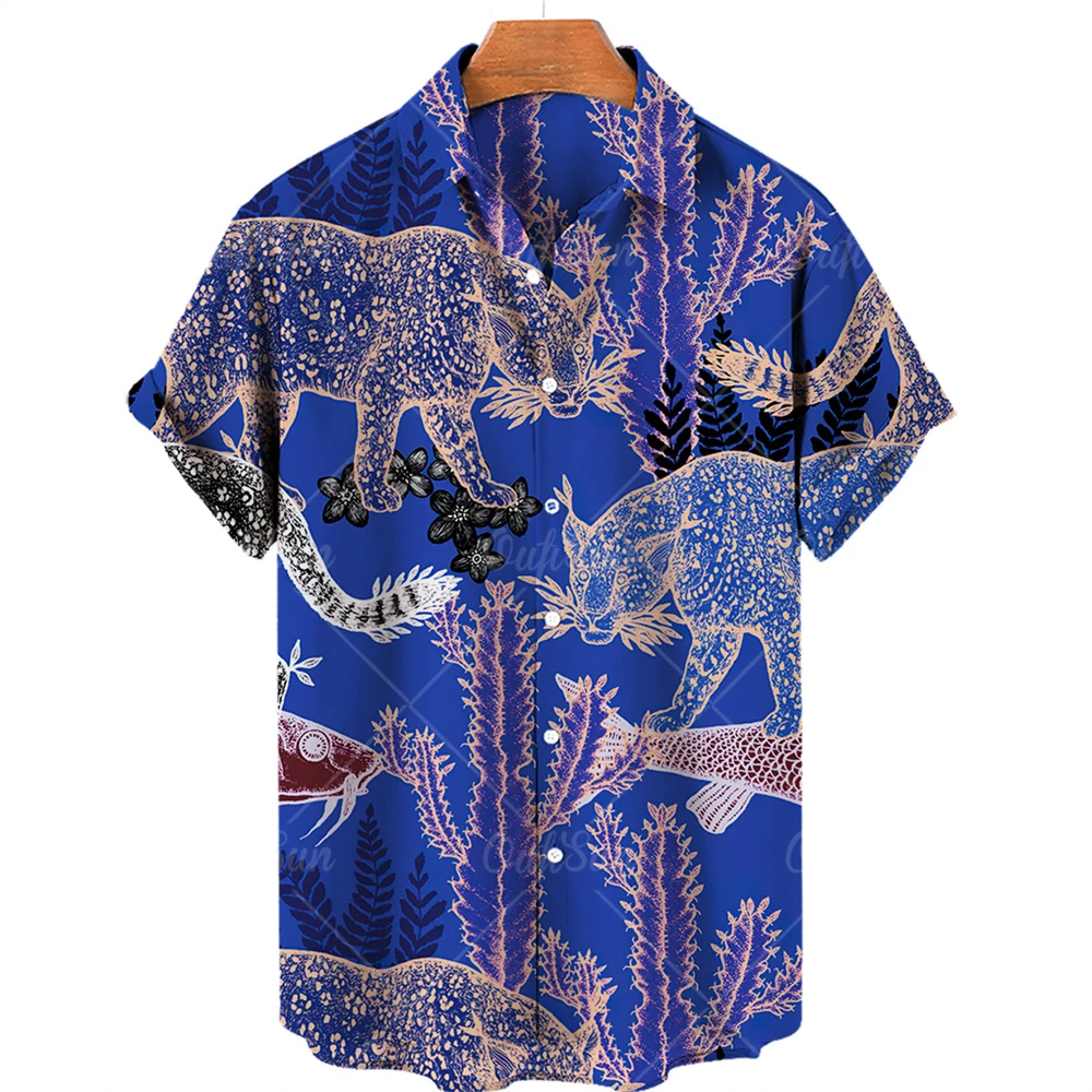 2023 Summer Hawaiian Shirt Men\'s 3d Animal Print Shirt Men\'s and Women\'s Angry Cat Print Short Sleeve Loose-fitting Top 5xl Unis