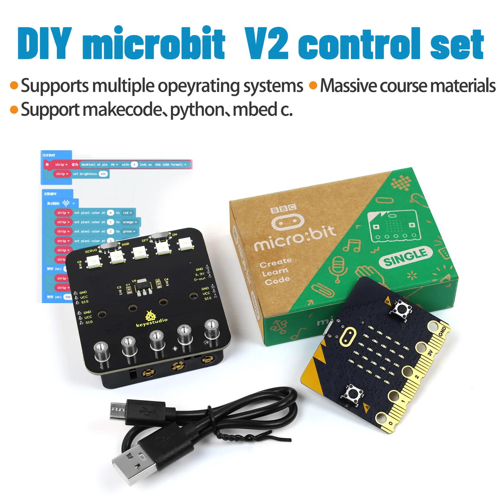Kit de Control DIY Microbit V2 con Cable USB para BBC Micro:bit, Programación STEM, Compatible con Makecode/Python