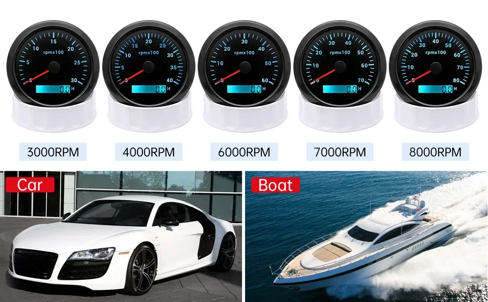 85-mm-Drehzahlmesser mit LCD-Betriebsstundenzähler für Marine, Boot, Auto, Drehzahlmesser 8000 U/min, 6000 U/min, Drehzahlmesser, 7 Farben LED-Hintergrundbeleuchtung – Detail 1