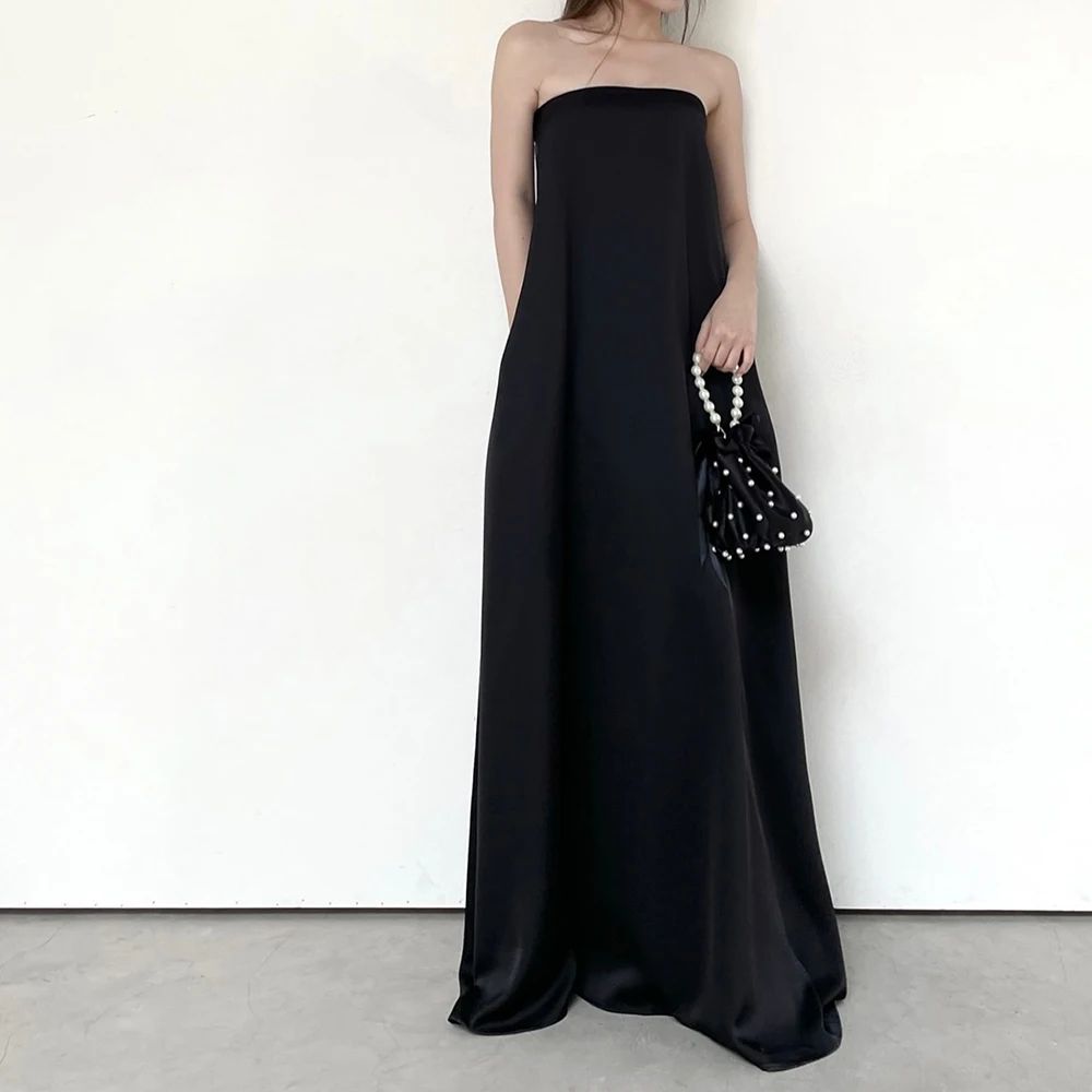 Strapless Sleeveless Satin Floor Length A-Line Evening Dress Sweep Train Temperament High Quality Bespoke Occasion Gowns