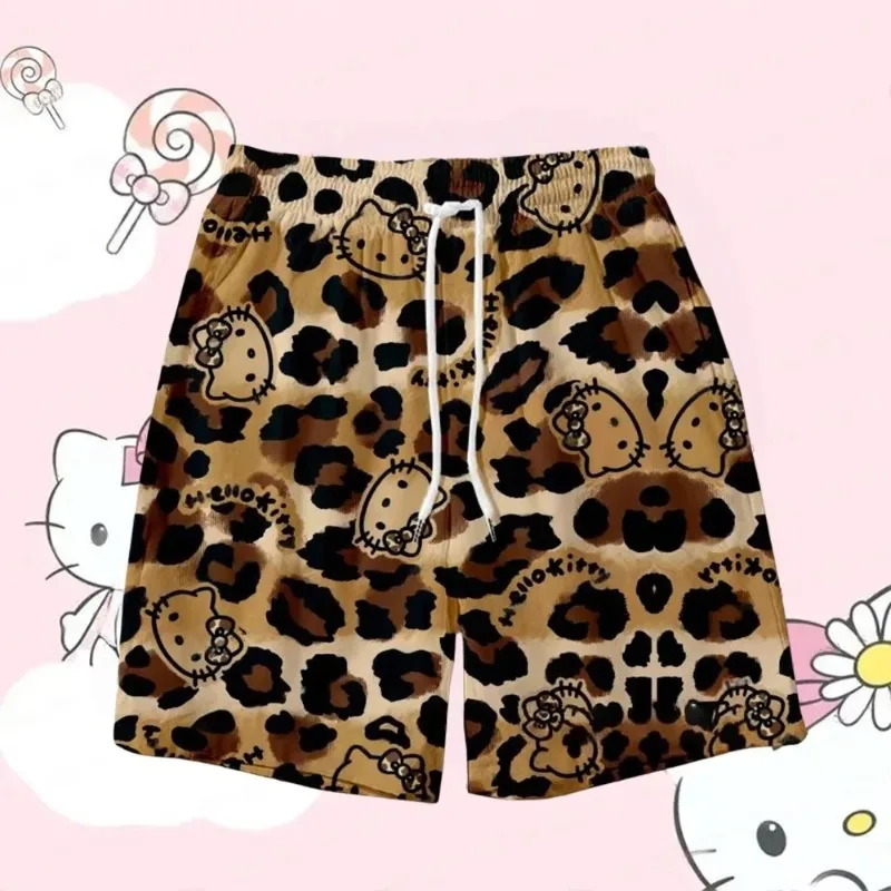 Miniso Sanrio verano mujeres dibujos animados transpirable de secado rápido Hello Kitty leopardo 3D impreso pantalones cortos Y2K moda Casual pantalones deportivos