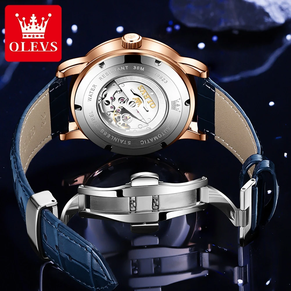 OLEVS 9923 Automatic Watch Luxury Starry Sky Rotation Seconds Mechanical Wristwatch Compass Moon Phase Waterproof Watch for Men